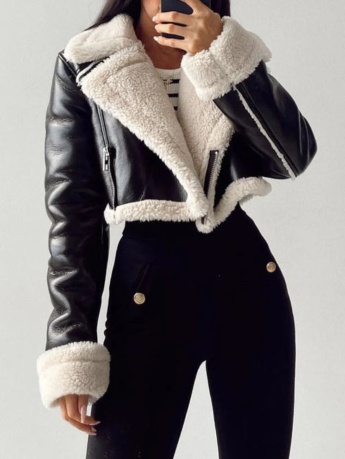 'Josselyn' Faux Fur Cropped Leather Jacket - Celes Fashion